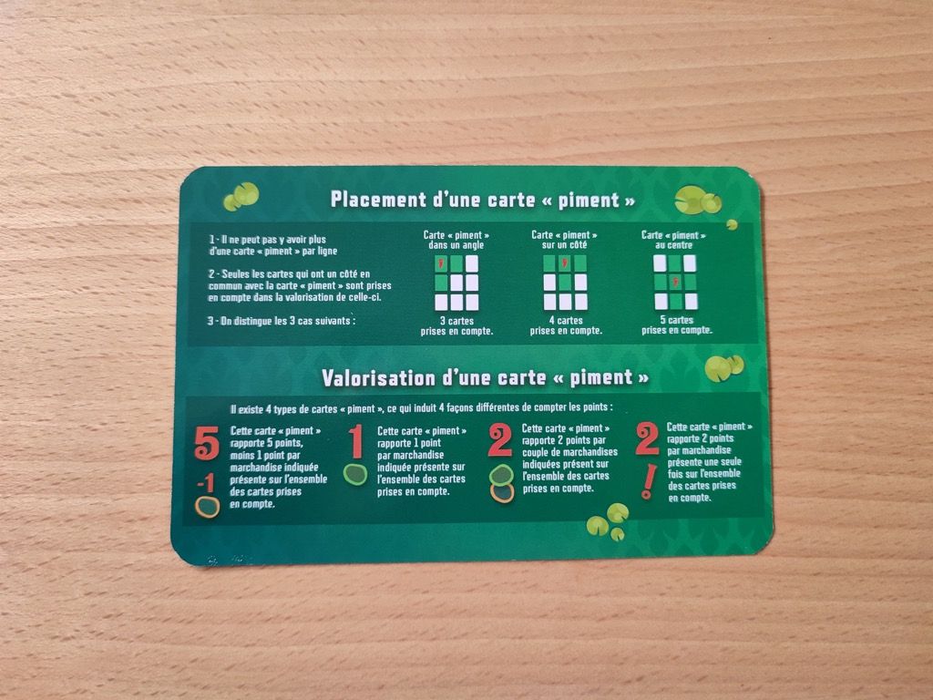 Un côté en français et un autre en anglais. Une fiche plastifiée bien pratique qui rappelle le principe du placement des cartes et les 4 types de scoring des cartes piments.