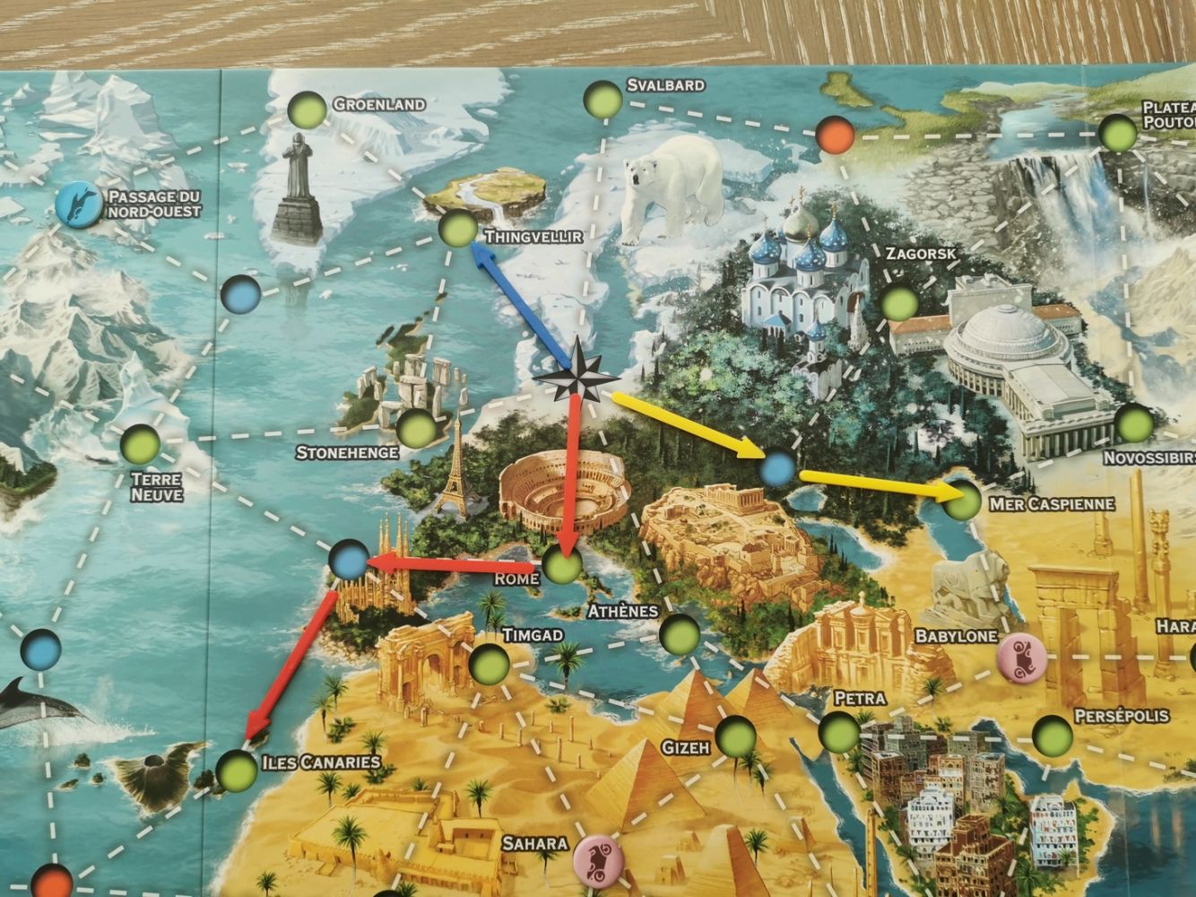 3 options pour le joueur suivant : continuer l’expédition bleue au départ de l’Islande (Thingvellir) , la rouge des Canaries ou la jaune de la mer Caspienne.