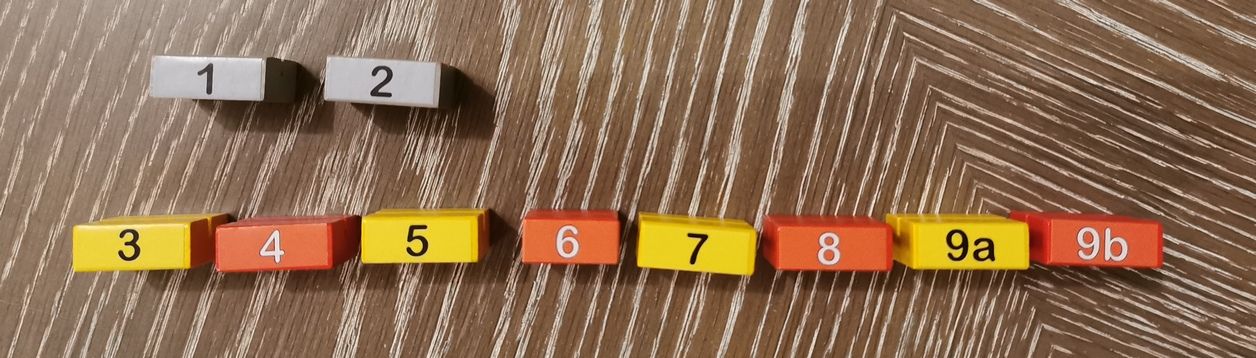 10 supports numérotés de 1 à 9b  : 2 gris, 4 jaunes et 4 rouges